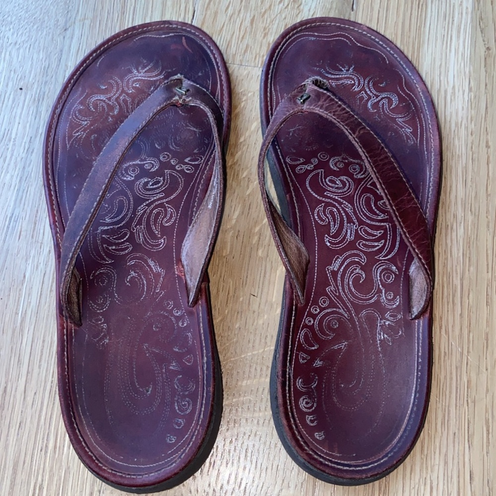 OluKai Paniolo Leather Strap and Footbed Brown Flip Flops Sandals Women’s 8 - Picture 2 of 15